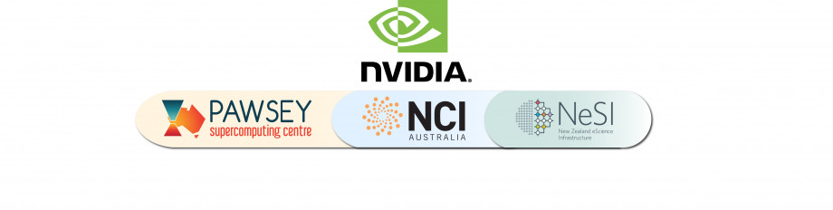 Logos for the Pawsey Supercomputing Centre, NCI Australia, NVIDIA, and New Zealand eResearch Infrastructure