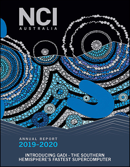 Cover of the NCI 2019-20 Annual Report. The blue and silver design reveals a portion of an Aboriginal painting with the words "Introducing Gadi - the Southern Hemisphere's Fastest Supercomputer" below it.