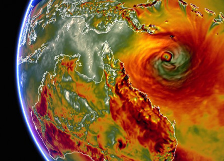 A view of Australia and surrounding countries with a bright red representation of Cyclone Yasi approaching.