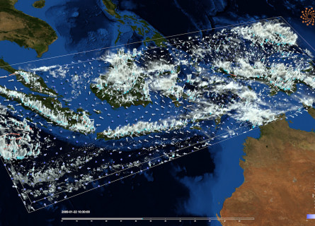 A still from a visualisation of cloud, wind and rainfall data for the Maritime Continent region of South-East Asia.
