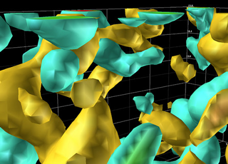 Yellow and blue blobs within a three dimensional grid, showing different density regions within the electromagnetic field.