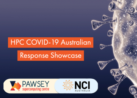 A banner image with the words "HPC COVID-19 Australian Response Showcase" above the Pawsey and NCI logos. There is a stylised version of the coronavirus on the right.