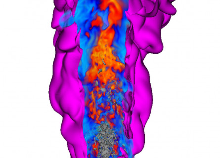 Three dimensional rendering of a flame from Direct Numerical Simulations, showing layers of heat and chemical compounds extending out from the point of ignition.