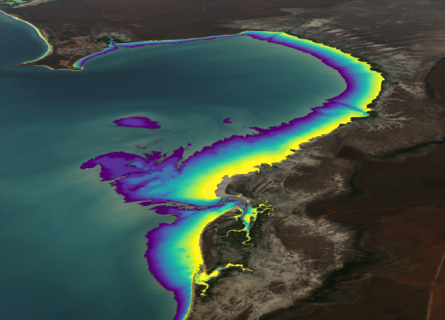Tidal flats of Roebuck Bay on the coast of the Kimberley region of Western Australia, visualised using Geoscience Australia's intertidal elevation data.