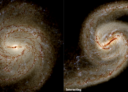 Image: mock observations of simulated galaxies with central bars. Left: isolated evolutionary history. Right: interacting evolutionary history, a small fly-by promoted early bar formation.