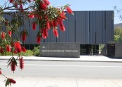 The front facade of NCI seen from the road, partially obscured by red callistemon flowers.