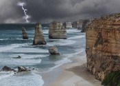 The rock stacks of the Twelve Apostles on the Australian coast in a heavy rain storm.