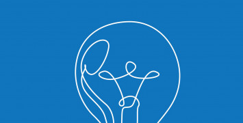 Line drawing of a light bulb taking off like a rocket, in white on a blue background.