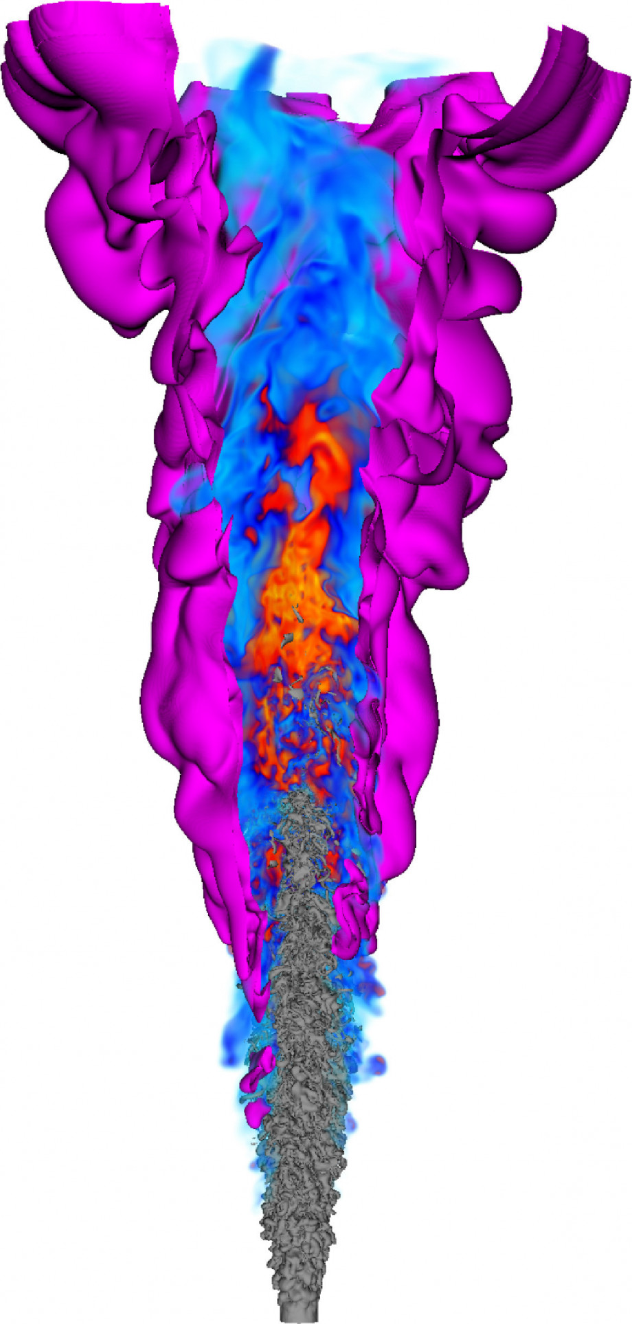 Three dimensional rendering of a flame from Direct Numerical Simulations, showing layers of heat and chemical compounds extending out from the point of ignition.