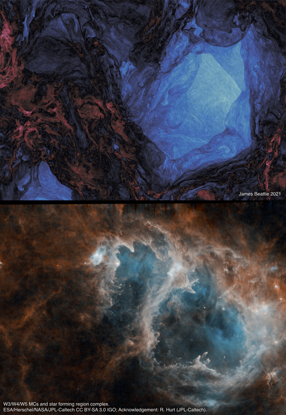 A collage of two images. On top is a simulation of galaxy formation turbulence showing blue and black structures, and on the bottom is a similar-looking real-world picture of a galaxy. of 