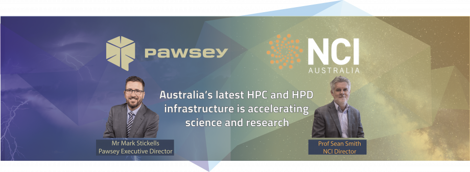 Graphic with the Directors of NCI and Pawsey underneath their respective logos and the phrase "Australia's latest HPC and HPD infrastructure is accelerating science and research.