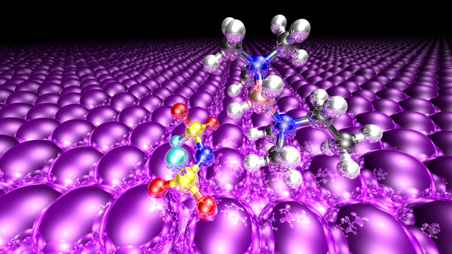 A visualisation of molecules, shown as reflective balls and sticks in silver, yellow, red and green, above a large expanse of purple atoms.