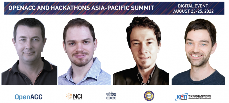 A composite image showing portraits of four men on a white background, with logos underneath from a range of supercomputing organisations and the words OpenACC and Hackathons Asia-Pacific Summit 2022 at the top.