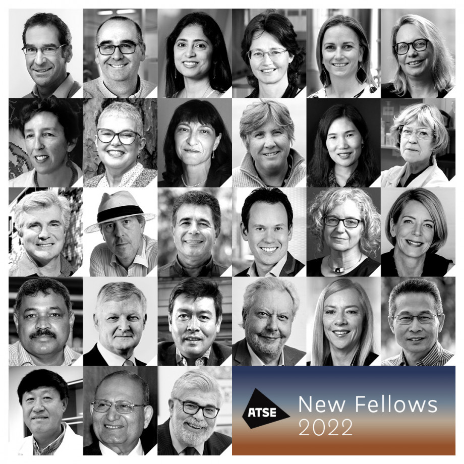 Grid of 27 black and white photos of smiling men and women, with the worder New Fellows and the ATSE logo in the bottom right corner.