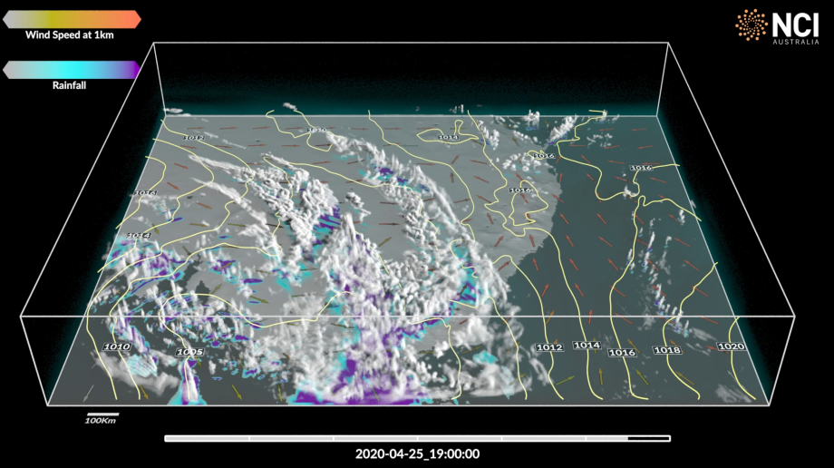 A visualisation of weather patterns over the east coast of Australia using data from the NARCliM2.0 dataset.  Image by the NCI VizLab. Thank you to Dr Giovanni Di Virgilio (NSW DPE), Perry Wiles and Sarah Gilbert  (ACT Government) for their input into this case study.