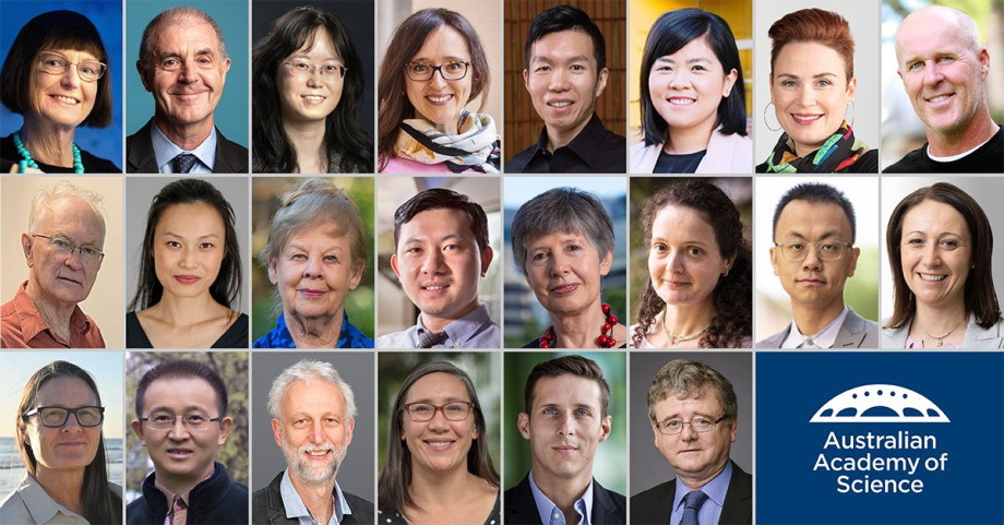 Photos of the 22 Australian Academy of Science 2023 honorific awardees arranged in a grid with the blue and white Australian Academy of Science logo in the bottom righthand corner. 