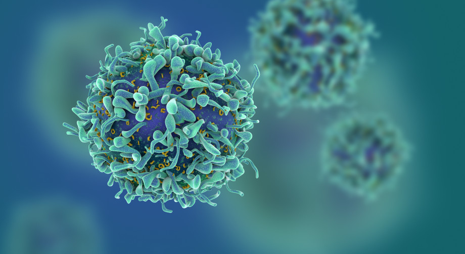 A close-up view of a blue and green cancer cell, in front of a blue and green background. Additional cancer cells are out-of-focus.