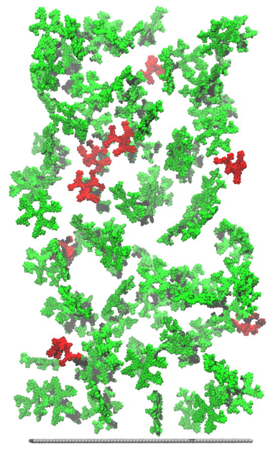 Green, red and grey models of chemical molecules are shown in suspension