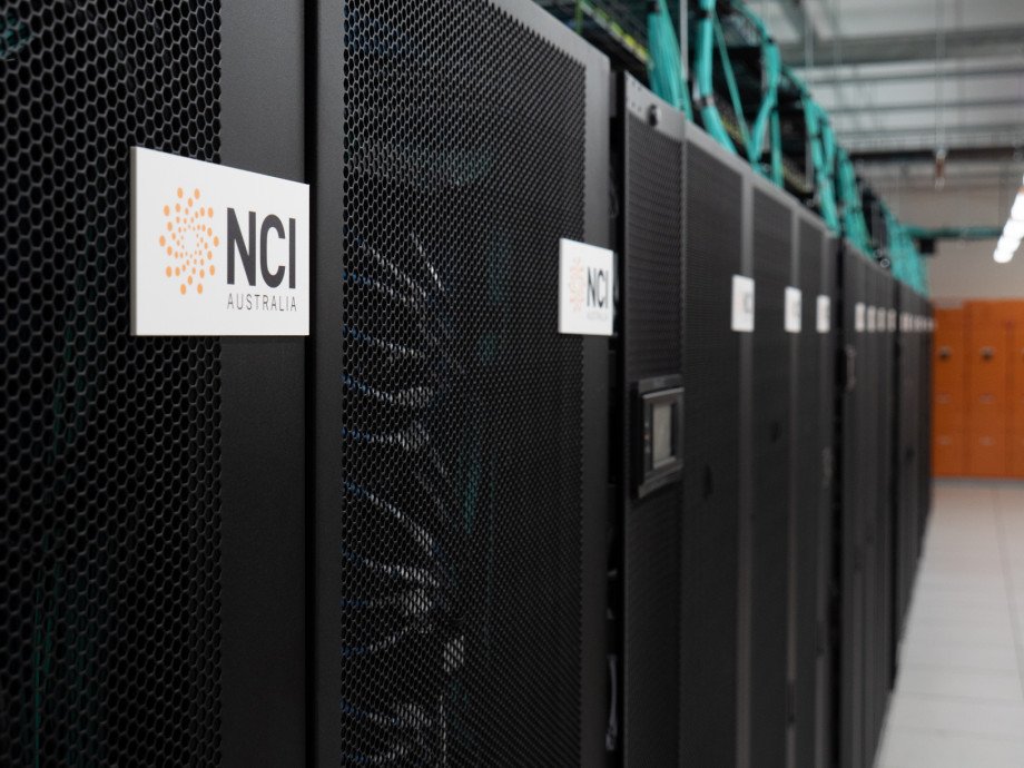Racks of computer servers in the NCI data hall
