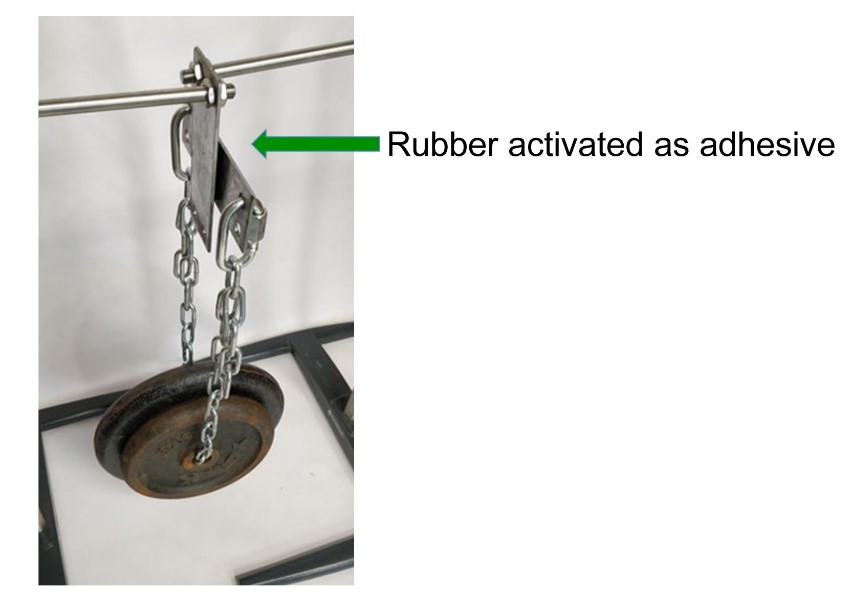 Weight hanging from two plates that have been joined by rubber adhesive