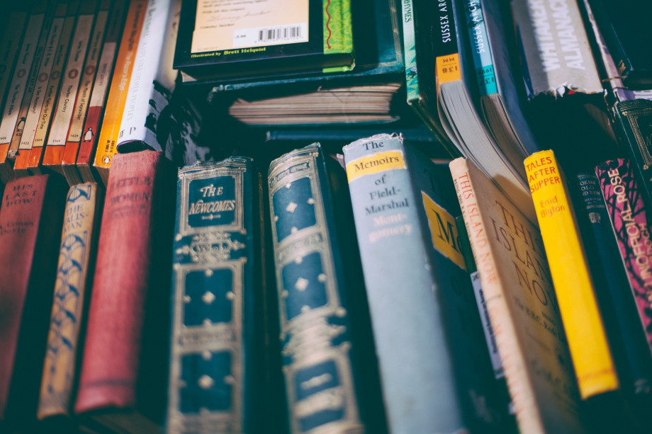 Books stacked in a bookshelf, showing their spines.