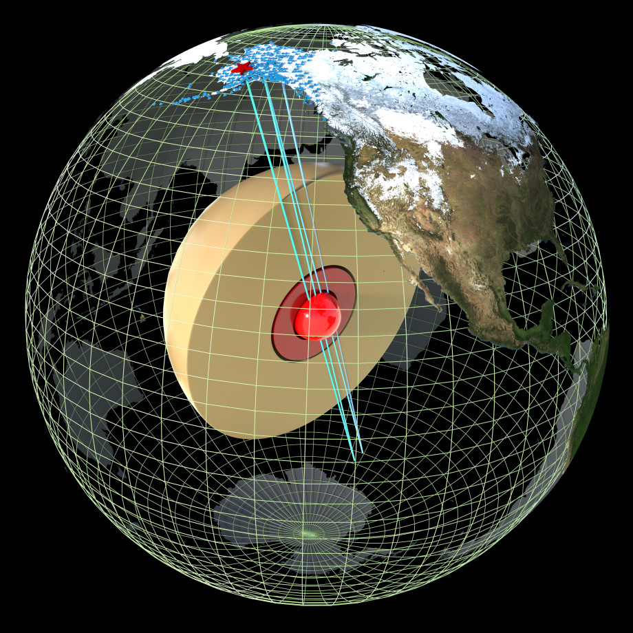 Transparent Earth with green gridlines, internal hemisphere showing Earth layers and light blue lines crossing the Earth through the innermost layer.