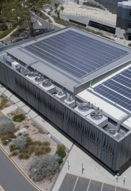 Overhead view of the NCI building showing the entire roof covered in solar panels.