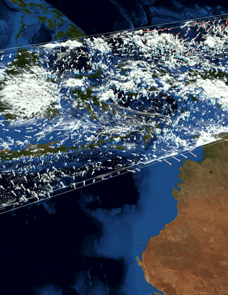 A still from a scientific visualisation showing cloud, wind and rain patterns for the Maritime Continent region of South-East Asia.