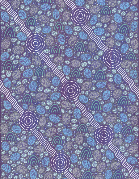 NCI's Nirin artwork, with a blue and purple colour scheme highlighting diagonal lines across the painting, connected to circular elements.