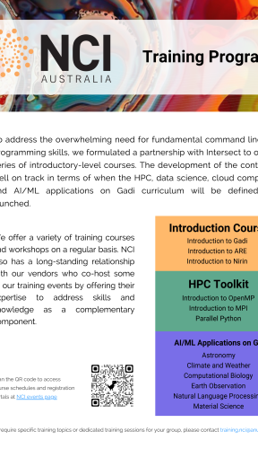 Screenshot of the front cover of a training program brochure, with text and colourful summary boxes outlining the Introduction, HPC Toolkit and AI/ML Applications on Gadi courses.