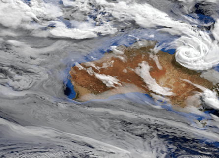 High-resolution clouds visualised swirling in a cyclone over the north-east coast ofAustralia.