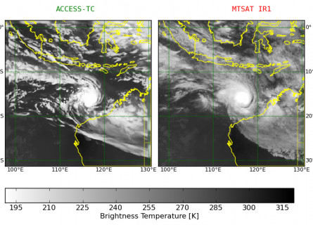 Two panels showing a cyclone over the north-west coast of Australia modelled in high-resolution on the left by the ACCESS model and in lower resolution on the right by MTSAT.
