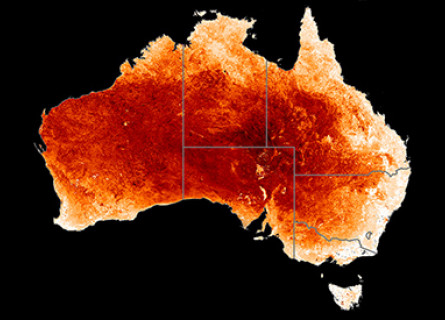 An image of Australia showing exposed surface soil in gradients of red.