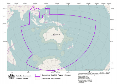 A map showing the Copernicus Hub Area of Interest encircled by a purple line. The Area of Interest includes Australia, New Zealand, a portion of Antarctica and much of South-East Asia.