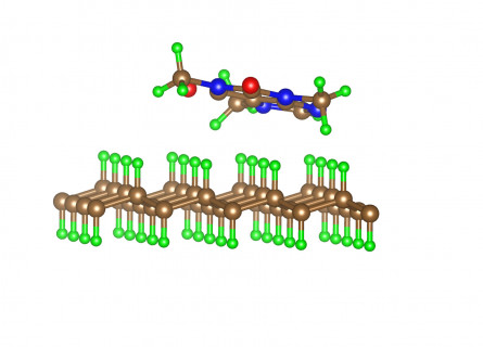 A ball-and-stick representation of a caffeine molecule.