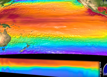 A still from a visualisation of the El Nino Southern Oscillation showing water temperatures across the entire Pacific Ocean.