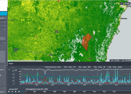 A screenshot of the mapping interface in GEOGLAM-RAPP, enabling the visualisation of large and varied environmental datasets.