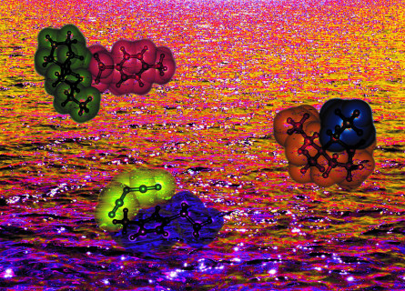 Artist's impression showing coloured molecules overlaid together on a purple and yellow ocean.