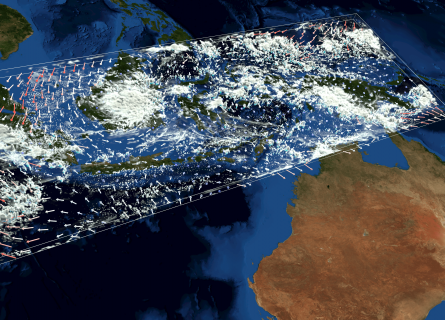 A still from a scientific visualisation showing cloud, wind and rain patterns for the Maritime Continent region of South-East Asia.