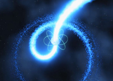 Artist's impression of a radio pulsar, a central star shooting out bright twisting beams of light.
