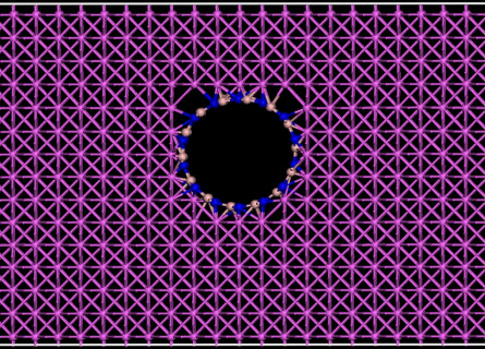 A grid of Aluminium atoms in pink surrounding a boron nitride nanotube viewed from its end.