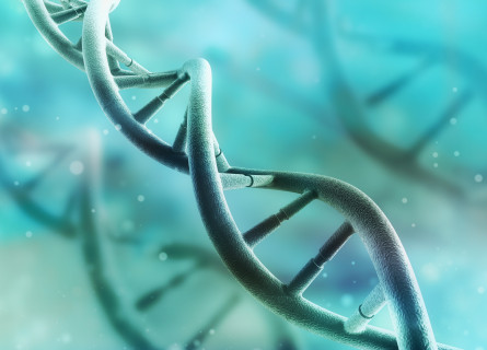 A graphical representation of a twirling DNA helix over a blurry green background.
