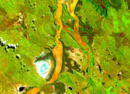 Landsat 8 image of the Wynham-Kununurra region of Western Australia; showing enhanced water features and mangroves in the mouth of the Ord River.