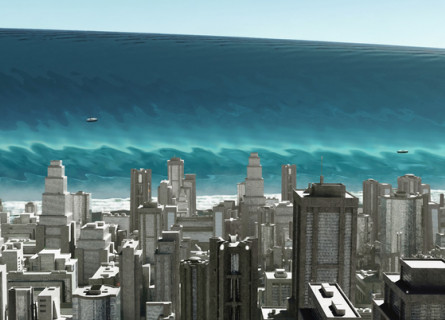Graphical representation of a huge blue tsunami wave nearing a city of tall grey buildings.