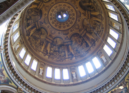 The Whispering Gallery of St Paul's Cathedral, a round, intricately painted dome punctuated by many light-filled windows.