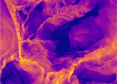 Abstract image showing yellow strands and hazy shapes on a purple background.