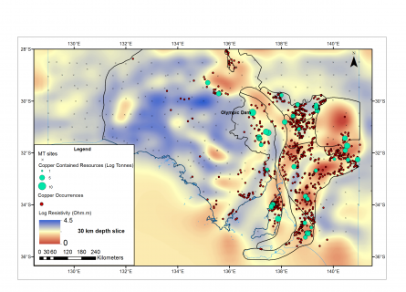 Map showing electrical resistivity at 20km depth from the South Australian AusLAMP magnetotelluric data.