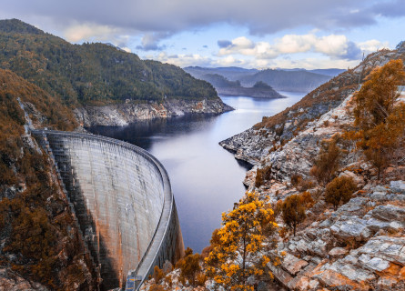 South-west Tasmania's Lake Gordon, with the dam wall visible in front and the lake extending into the distance.