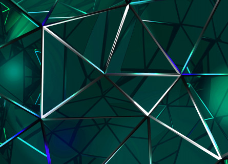 An abstract image in shades of green showing a long straight beams connected together to form a kind of crystal structure.