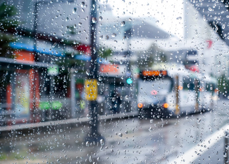 Blurry Melbourne streetscape, including a tram, seen through a rain-soaked window. 